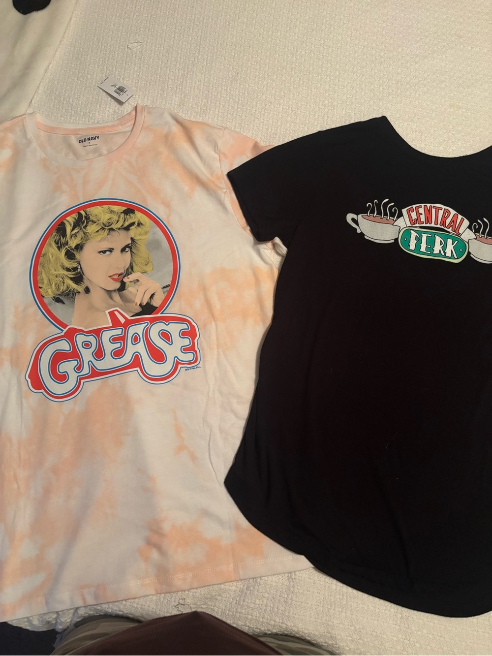 Old Navy Peach & White Grease Graphic Tee and black FRIENDS Central Perk Tee